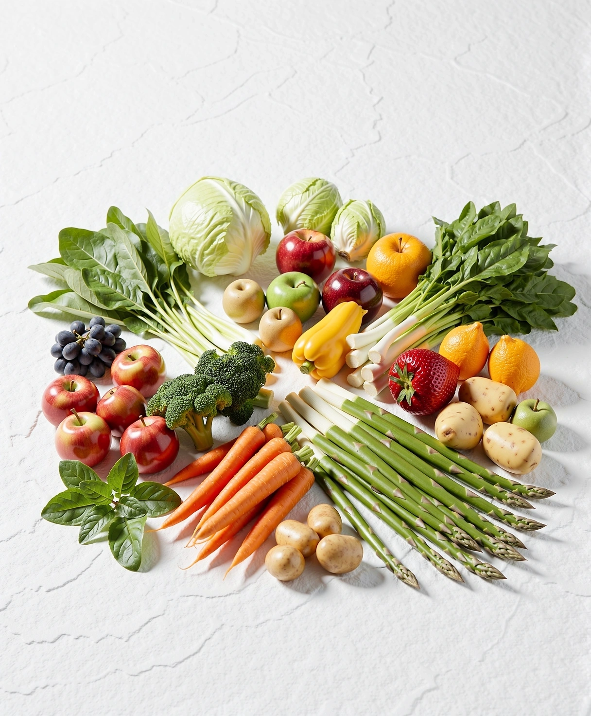 Variedad de frutas y verduras frescas en luz natural